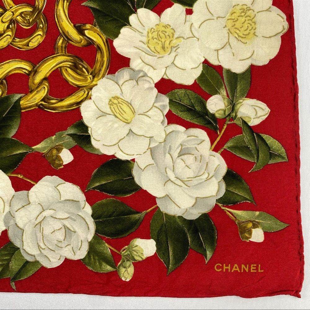 Chanel Red and Gold Floral Silk Scarf - Picture 4 of 7